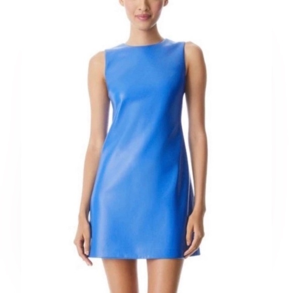 Alice + Olivia Coley Vegan Leather Sleeveless Mini Dress Palace Blue NWT Size 0 - Picture 2 of 7